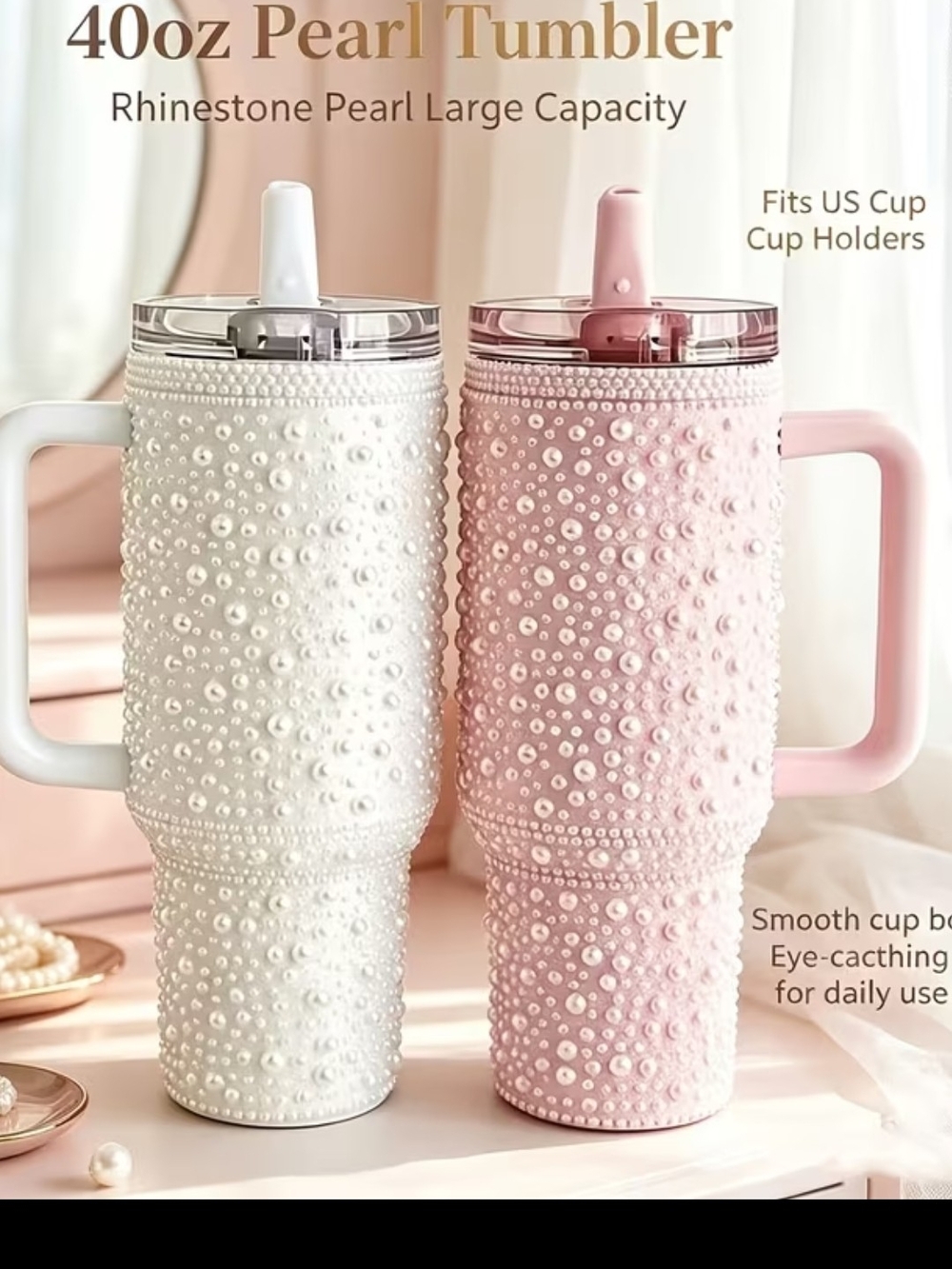 Pearl Rhinestone 40oz Tumbler with Handle - Pink and White